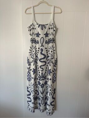 Cleobella Shelly ankle sundress Verona print white with blue coastal vibe motif.
